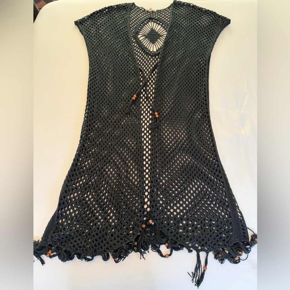 Boho Black Crochet Mesh Kimono Cover-Up Tassel Hem Plus Size 2X‎ - Picture 10 of 14